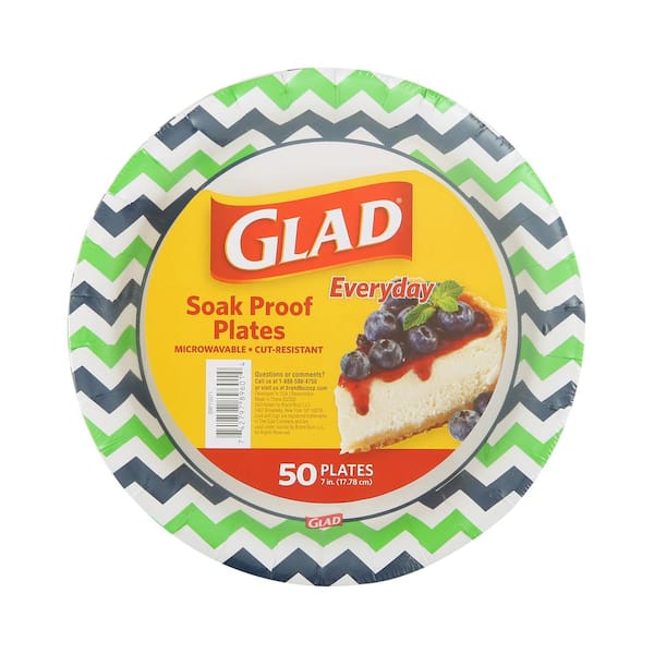 Glad 7 inch Round Paper Plates | Soak Proof Disposable Paper Plates for Everyday Use | White Paper Plates with Green and Blue Chevron Print, Strong
