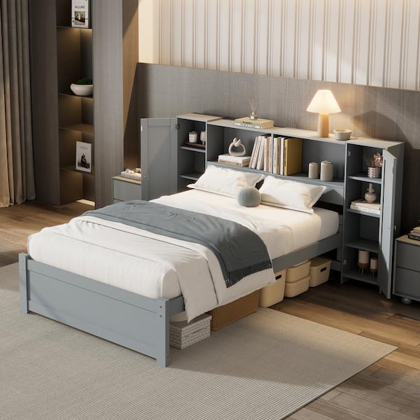 Nestfair Gray Wood Frame Twin Size Platform Bed with Storage Headboard and Lockers