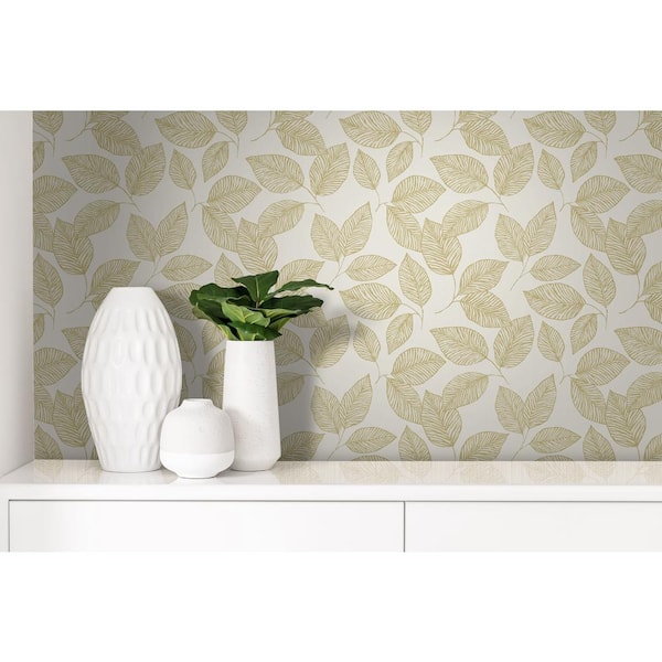 Casa Mia Stylized Foliage Metallic White and Gold Paper Non-Pasted Paste Sheet Wet Removable Wallpaper Roll (Cover 60.75 Sq. ft.), Metallic White 