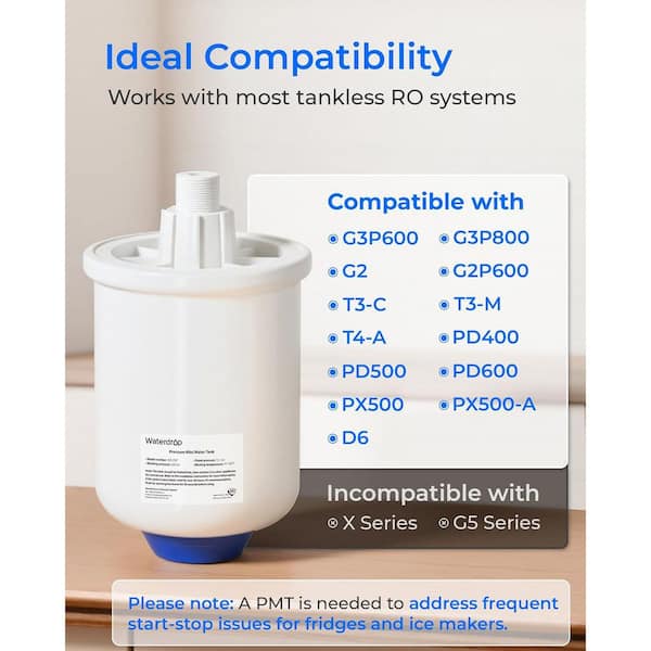 WD-PMT Small Pressure Tank, Fits all Tankless RO Systems, Compatible with G3, G2, D6, PD600,1/4 in. Water Tubing