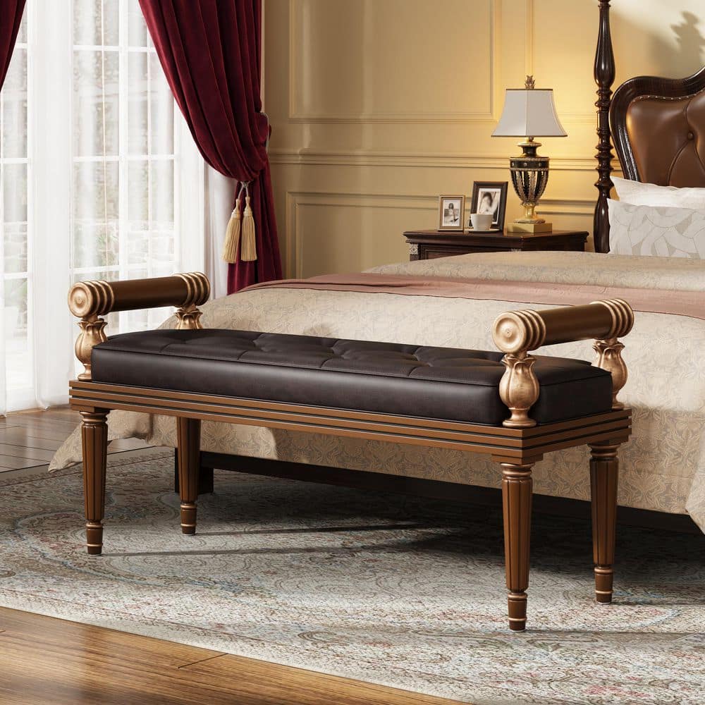 Farnell French Vintage Brown 50 in. W Button Tufted PU Leather Upholstered Bedroom Bench Entryway Ottoman