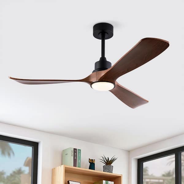 52 in. Smart Black 6-Speed Brown Blades 2-Size Downrod Mount Standard Ceiling Fan with 3-Color Dimmable LED Light