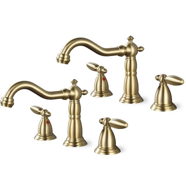 Double handle 8 in. Widespread Bathroom Faucet 3-Hole Bathroom Sink Faucet in Brushed Gold (2-Pack)