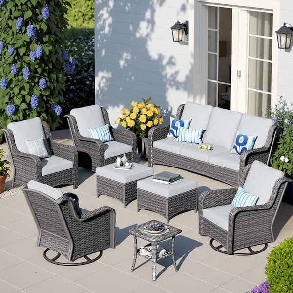 Oreille Grey 8-Piece Wicker Outdoor Patio Conversation Sofa Set with Swivel Rocking Chairs and Light Grey Cushions
