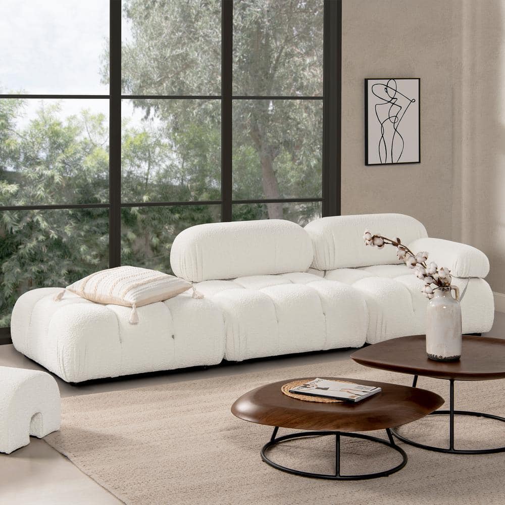 Marcel 109.5" Bubble Modular Modern Chaise Single Arm 3-Piece Sofa, Ivory White Boucle