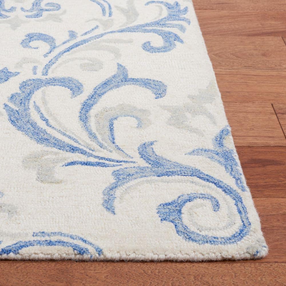 Ivory and Blue Floral Handmade Wool Area Rug, 4' x 6'