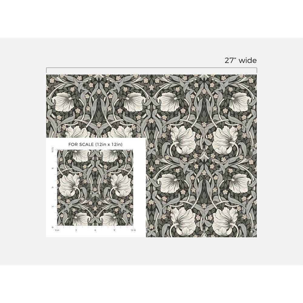 Charcoal and Pearl Grey Floral Peel and Stick Wallpaper