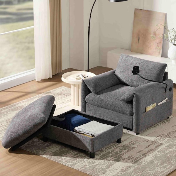 Gray Chenille Arm Chair with Storage Ottoman, Adjustable Phone Holder, USB Charger, Side Storage Pockets and Armrests