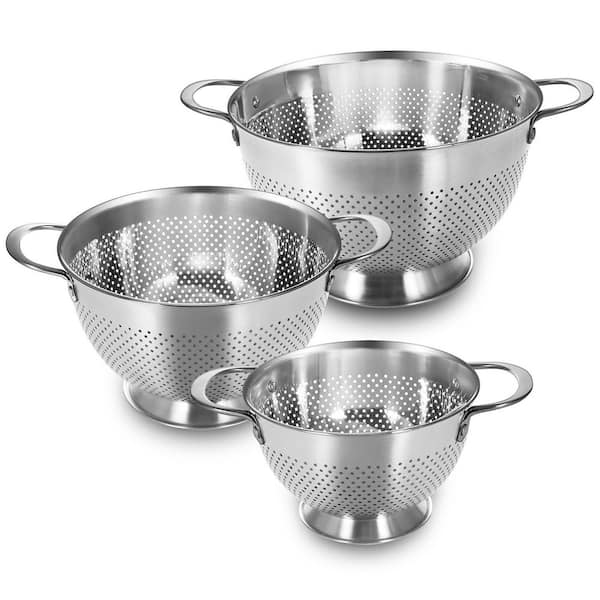 3-Piece Stainless Steel Colander, Durable Rice and Pasta Strainer with Handle, Rust-Resistant and Dishwasher Safe