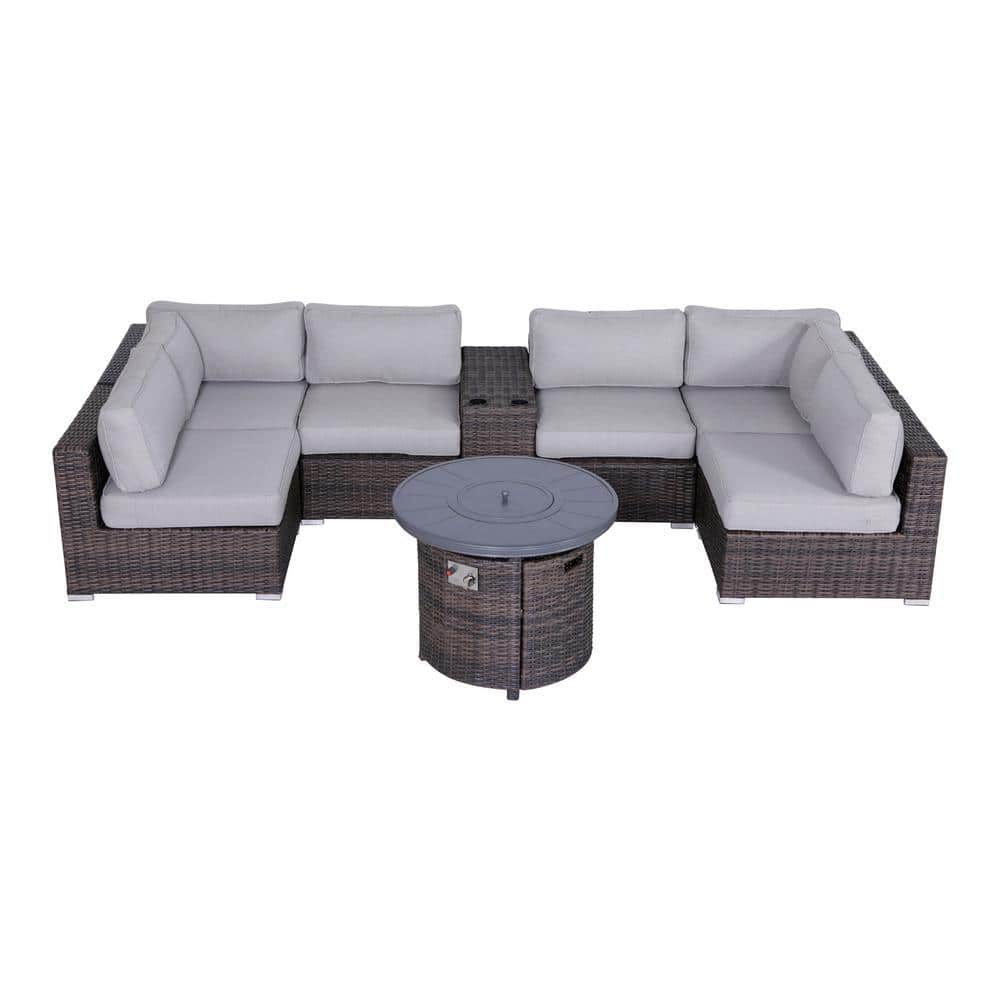 8 Piece Sectional Seating Group with Olefin Grey Cushions & Firepit