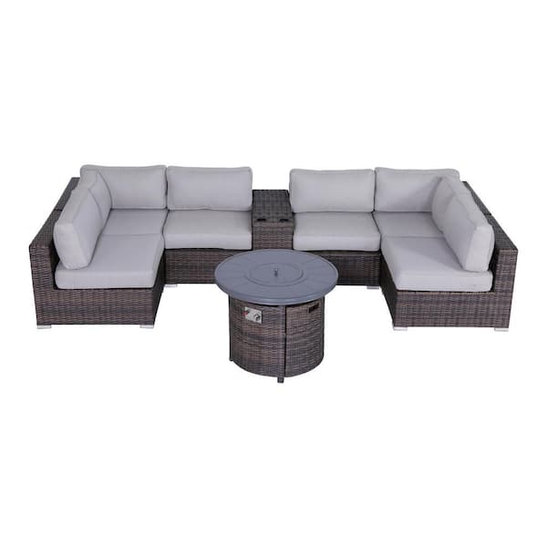 SIMPLE RELAX 8 Piece Sectional Seating Group with Olefin Grey Cushions & Firepit