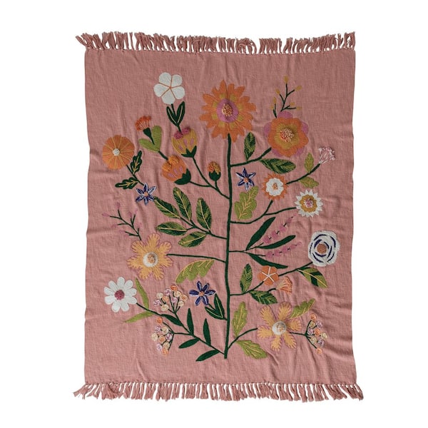 Multicolor Embroidered Flowers Woven Cotton Throw Blanket
