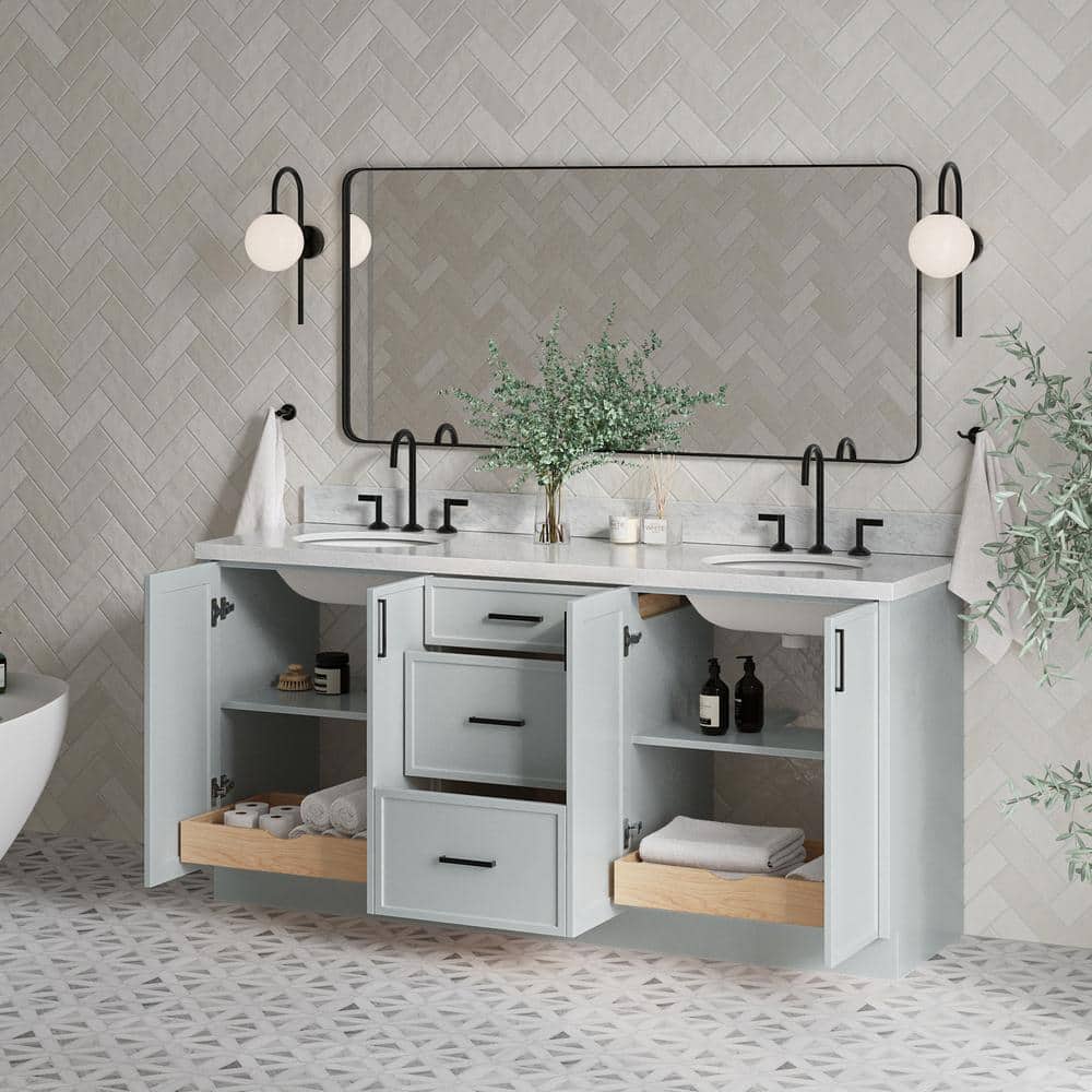 Gray Double Sink Freestanding Bathroom Vanity with Marble Top