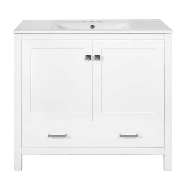 72 in. Double-Sink Free-Standing White Bath Vanity with White Ceramic Top, Soft-Close Doors, Double Storage Shelves
