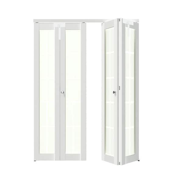 48 in. x 80 in. 10 Lite Decorative Frosted Glass Solid Core White PVC Covering MDF Bi-fold Doors with Full Accessories