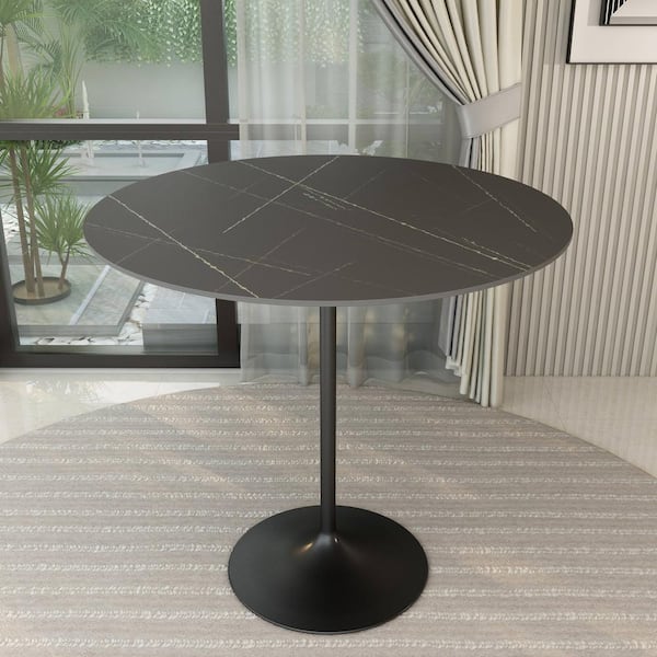 Leisuremod Verve Mid-Century Modern Black Marbleized Sintered Stone 47.24 in. Pedestal Dining Table Seats 4