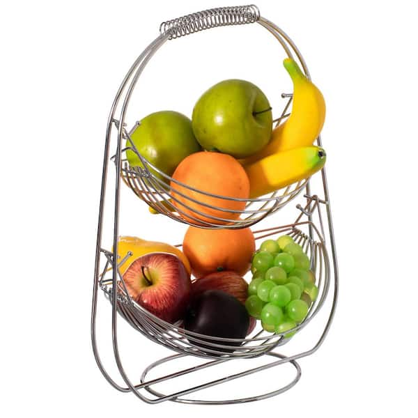 Basicwise 2 Tier Metal Fruit Holder Swing Basket for Kitchen Detachable Countertop Vegetables Storage Organizer with Display