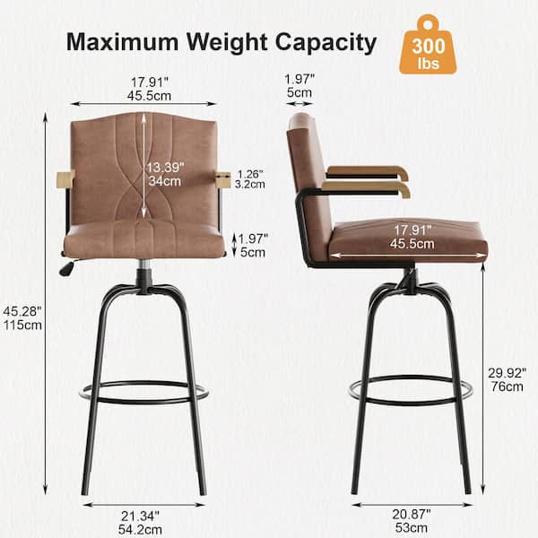 Barstools with Back (Set of 2), 45.28 in. Counter Height Brown Metal Barstools Set with Tufted Upholstery, Footrest Ring