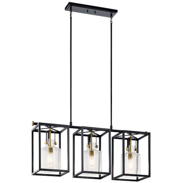 Kitner 42 in. 3-Light Black with Natural Brass Vintage Industrial Linear Cage Chandelier for Dining Room