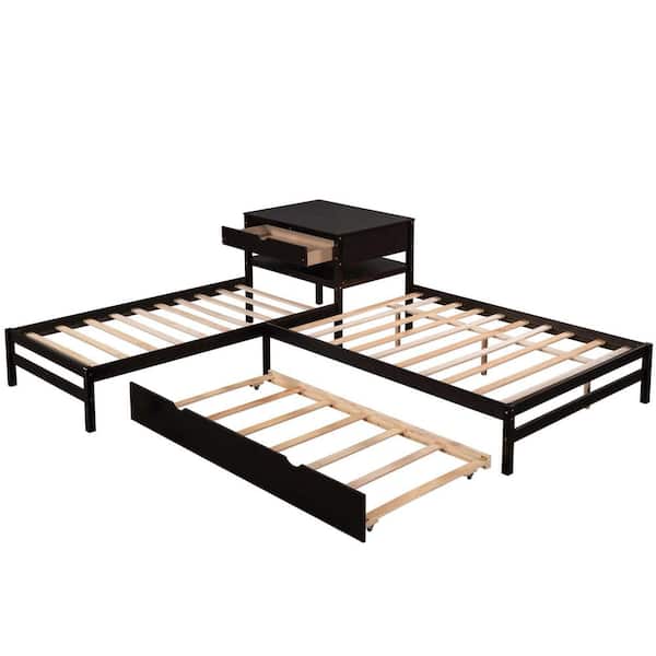 STICKON Espresso Brown L-Shaped Wood Frame Full Size and Twin Size Platform Beds with Twin Size Trundle and Drawer