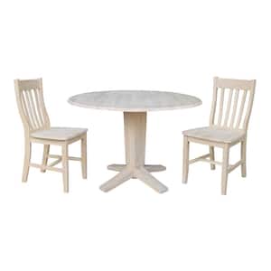 Aria Unfinished Solid Wood 42 in. Drop-Leaf Pedestal Base Table and 2-Cafe Chairs, Seats-2