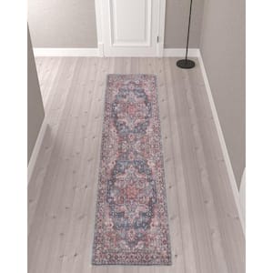 Red 2 ft. x 10 ft. Floral Power Loom Distressed Washable Runner Rug