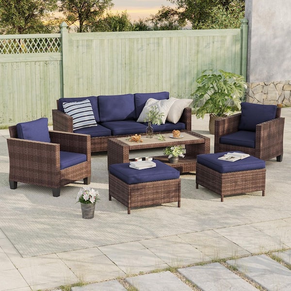 6-Piece Patio Sofa Set Brown Wicker Outdoor Furniture Set with Coffee Table, Navy Blue