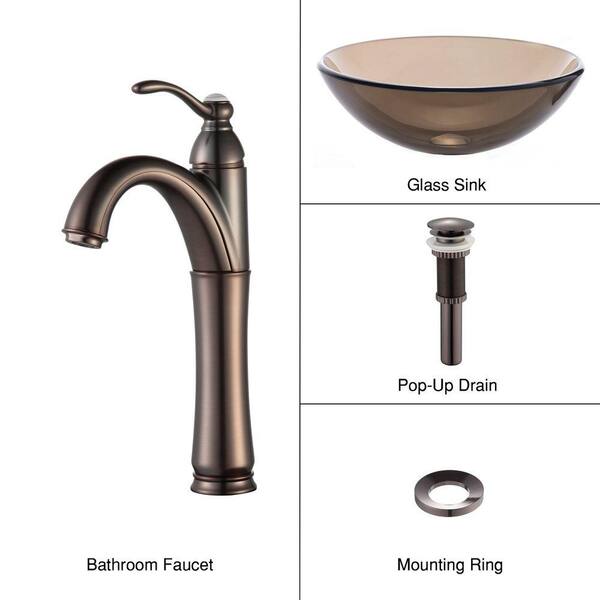 KRAUS Glass Vessel Sink in Brown with Single Hole Single-Handle High-Arc Riviera Faucet in Oil Rubbed Bronze