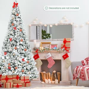 8 ft. Green PVC and PE Unlit Snow Flocked Regular (Full) Artificial Christmas Tree with Berries and Poinsettia Flowers
