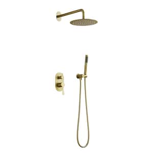 Round Single Handle 2-Spray Shower Faucet, Wall Mount 10 in. Shower Head 1.5 GPM with Drip Free in. Brushed Gold