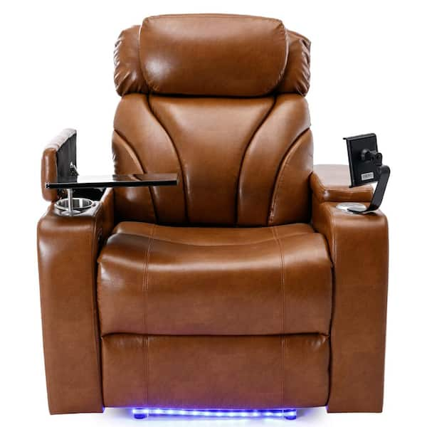 Light Brown Faux Leather Recliner with USB Charging, Audio, Hidden Arm  Storage, Cup Holder, 135° Tilt, Theater Seating LL-SG000800AAS - The Home  Depot