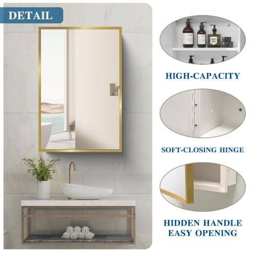 Aoibox 16 in. W x 28 in. H Rectangular Metal Medicine Cabinet with Mirror in Gold White for Bathroom