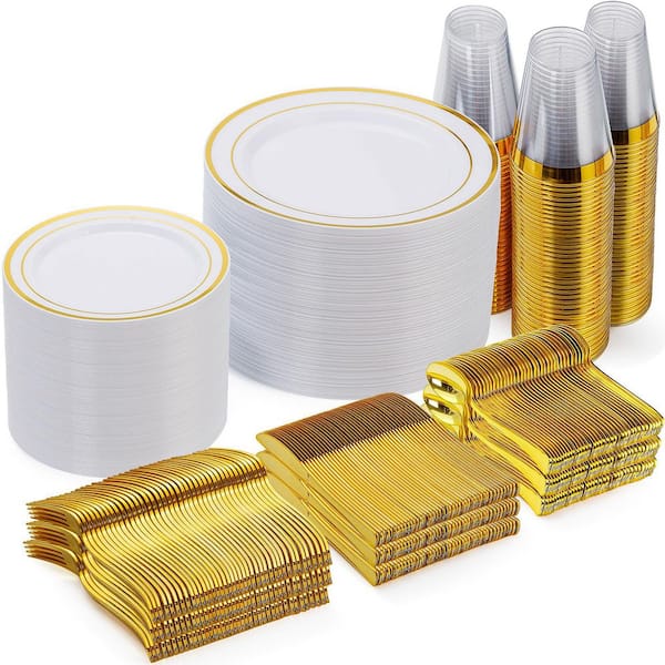 600-Piece Plastic Dinnerware for More than 30 with 100 Dinner, 100 Dessert Plate, 100 Spoon, 100 Fork, 100 Knives, Gold