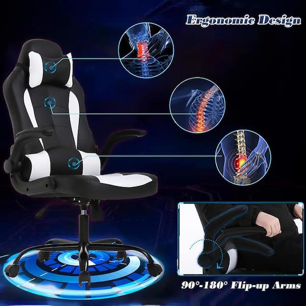 White Faux Leather Gaming Chair with Adjustable Arms and Lumbar Support