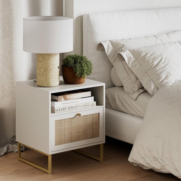 Nathan James Mina White/Gold Accent Table with Rattan Storage Door Living Room End Table Bedroom Nightstand 22 in. x 19 in. x 17 in.