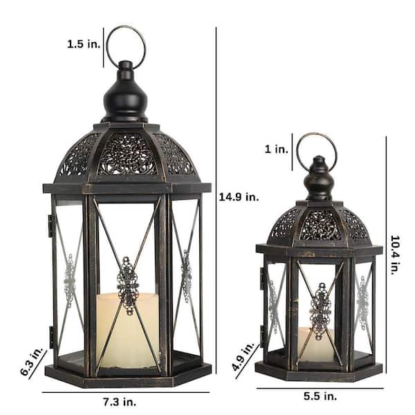 14.9 in. x 7.3 in. Black Metal Vintage Lantern without Candle, Set
