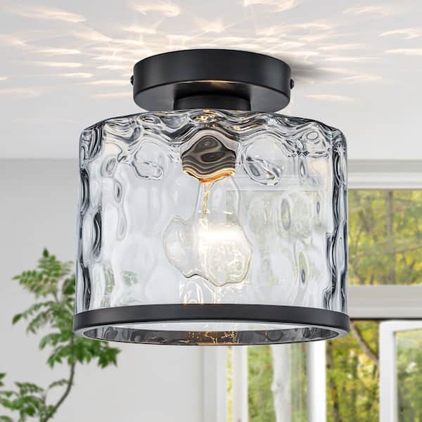 8.07 in. Black Modern Semi-Flush Mount Ceiling Light with Cylinder Hammered Glass Shades