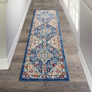 Passion Blue/Multicolor 2 ft. x 8 ft. Bordered Transitional Kitchen Runner Area Rug