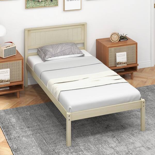 Costway Natural Yellow Wood Frame Twin Size Platform Bed Frame with Headboard Mattress Foundation K0L 10N4 A82NA T