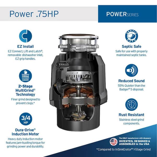 Power .75HP, 3/4 HP Garbage Disposal with EZ Connect Power Cord and Dual Outlet Switch in Satin Nickel