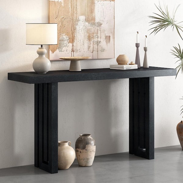 Harper & Bright Designs 59 in. Black Rectangle Oak Veneer Wood Console Table with Unique Legs for Entryway, Hallway, Living Room