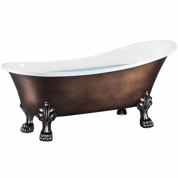 60 in. Acrylic Double Slipper Clawfoot Non-Whirlpool Bathtub in Matte Antique Brass
