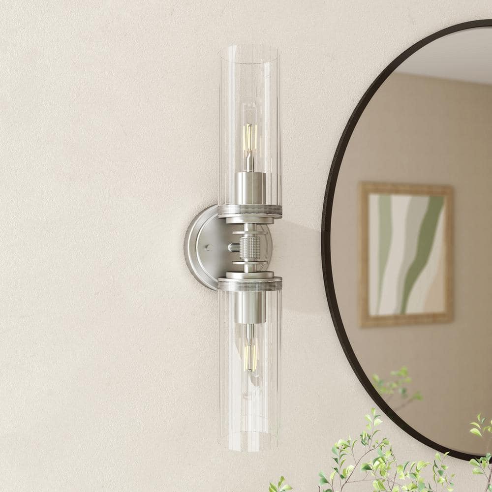Fremont 18.7 in. Farmhouse 2-Light Brushed Nickel Dimmable Vanity Light with Clear Striped Glass Shade price history on PriceWatchPro
