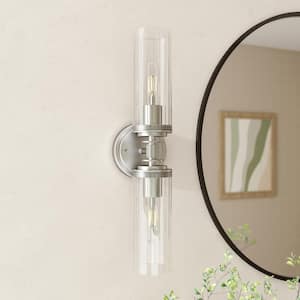 Fremont 18.7 in. Farmhouse 2-Light Brushed Nickel Dimmable Vanity Light with Clear Striped Glass Shade