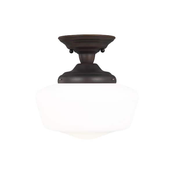 Generation Lighting Academy 11.5 in. 1-Light Bronze Transitional Farmhouse Semi-Flush Mount with Satin White Glass Shade
