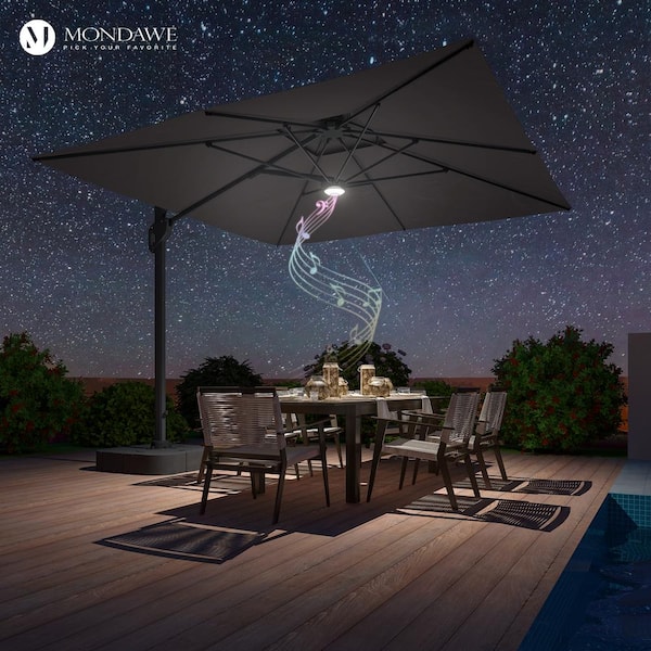 10 ft. Aluminum Cantilever with Bluetooth Speaker Atmosphere Lamp Outdoor Patio Umbrella for Garden in Dark Grey
