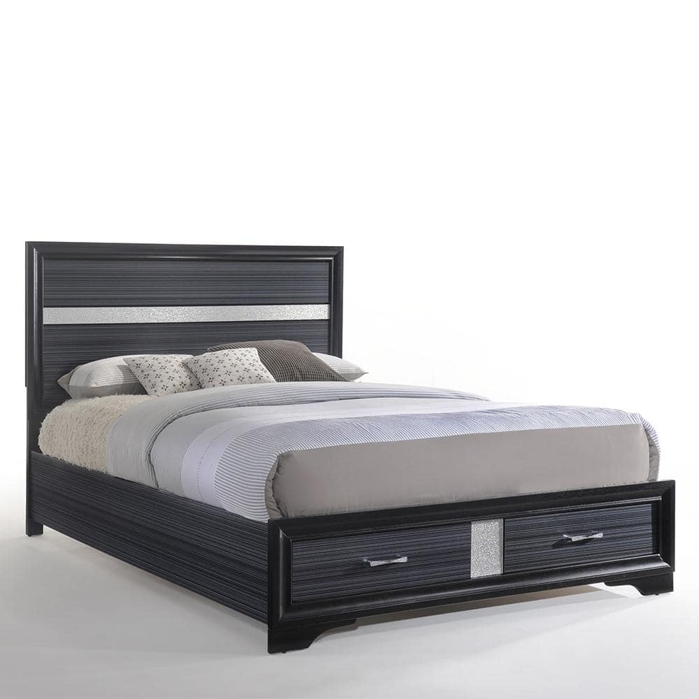 Black Queen Upholstered Bed with Storage Drawers and Slats