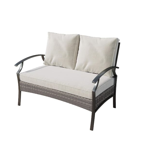 Uixe Black Metal Outdoor Patio Loveseat with Beige Cushion