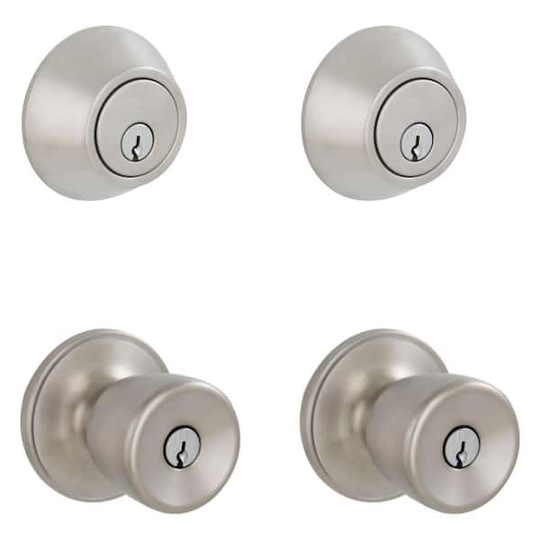 Brill Satin Stainless Steel Single Cylinder Deadbolt and Keyed Entry Door Knob Project Pack