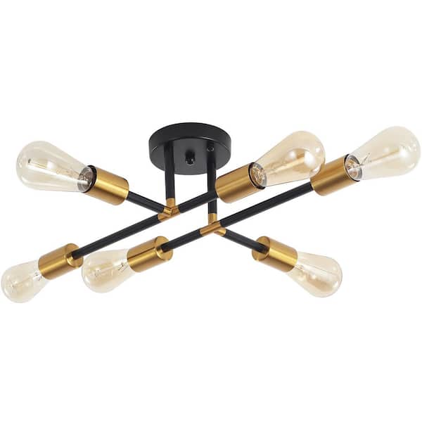 20.47 in. 6-Light Black/Gold Modern Semi-Flush Mount Light for Entryway Hallway Foyer with No Bulbs Included